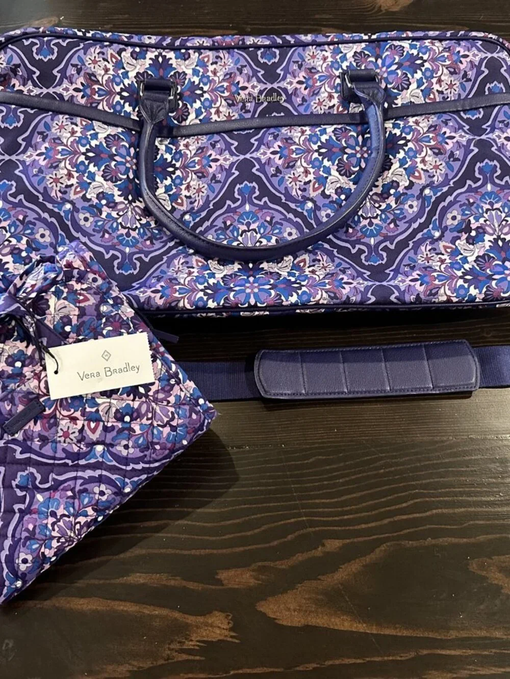 Vera Bradley 2 Piece Travel Set Purple Medallion Weekender Duffel Hanging Organi